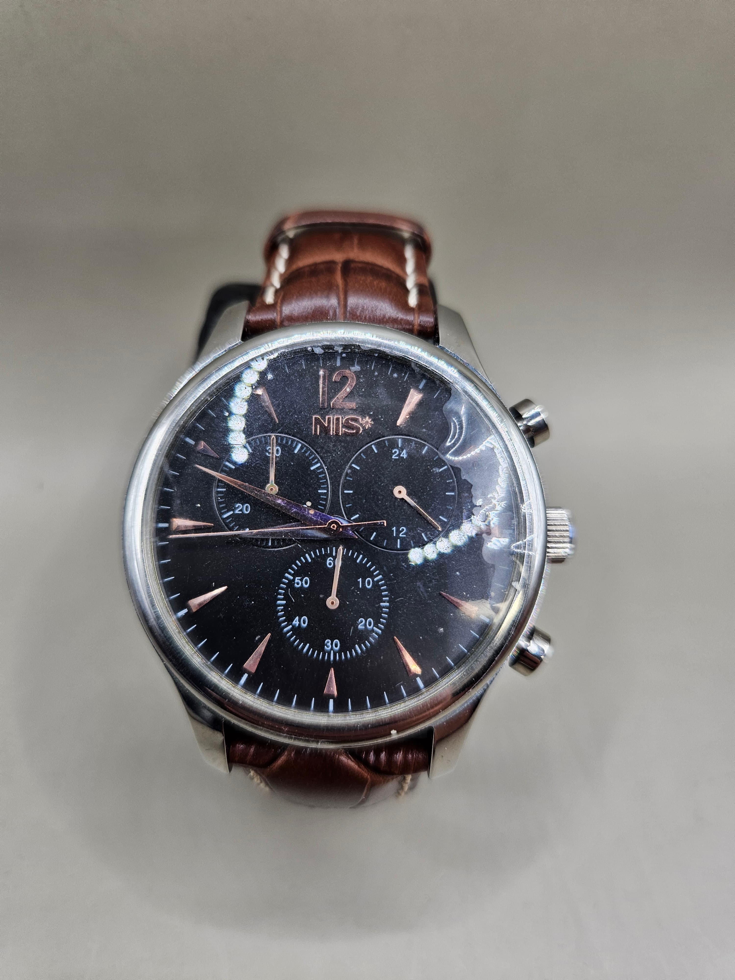 NIS “National Intelligence Service” Chronograph Style Watch – Black Dial & Brown Leather Strap