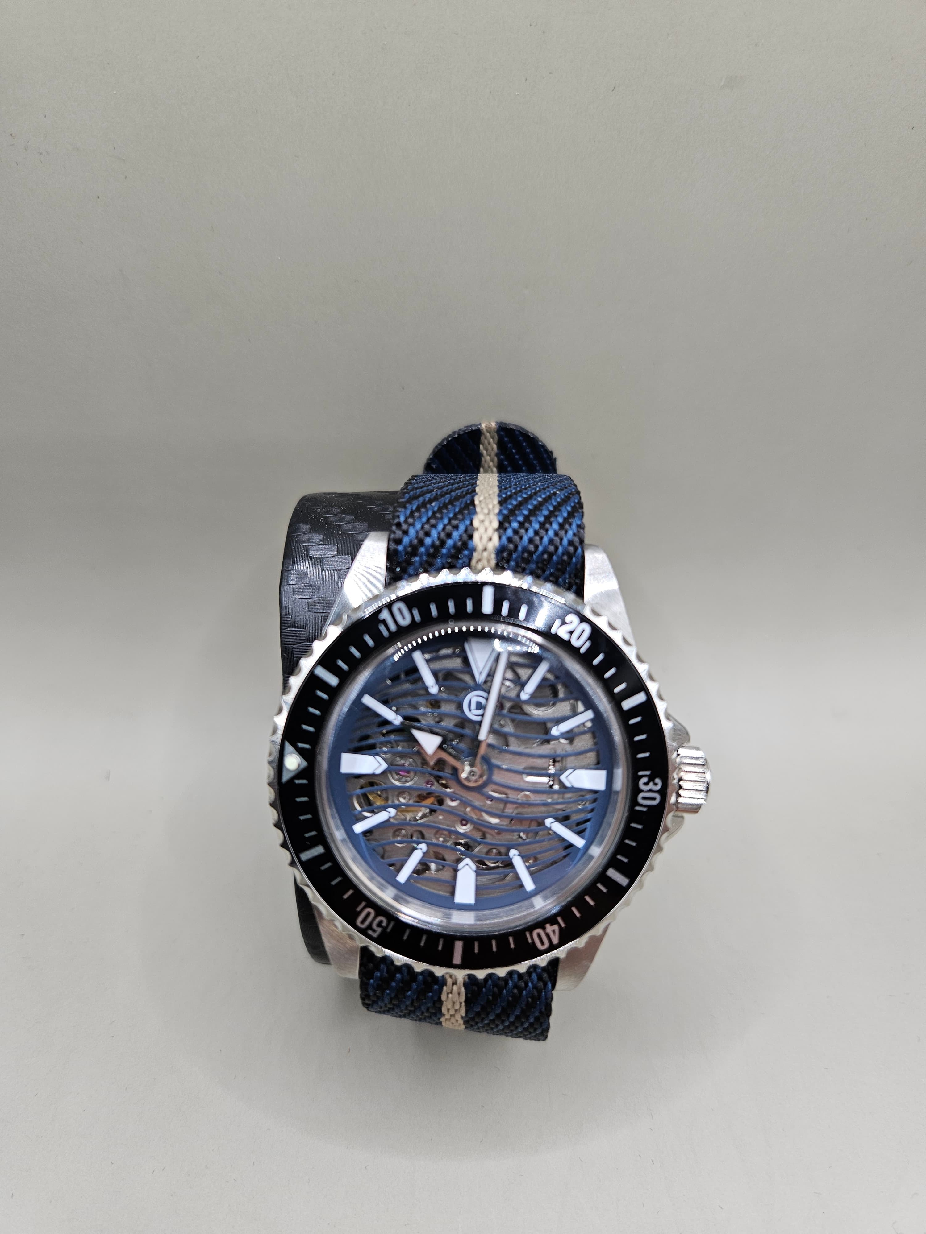Skeleton Diver Style Automatic Watch – Blue Wave Dial & NATO Strap