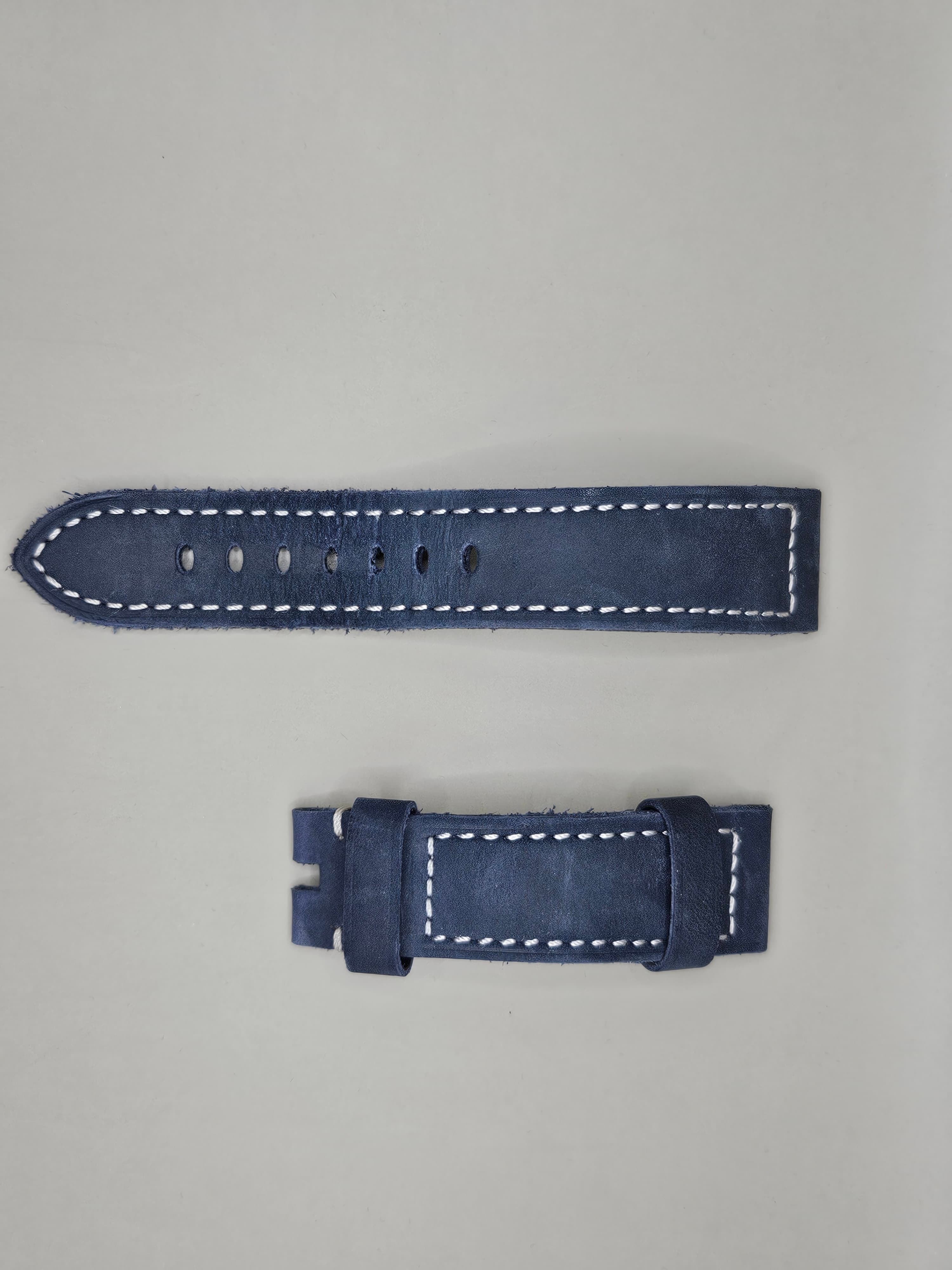 Panerai Style Blue Leather Watch Strap – White Contrast Stitch Replacement Band