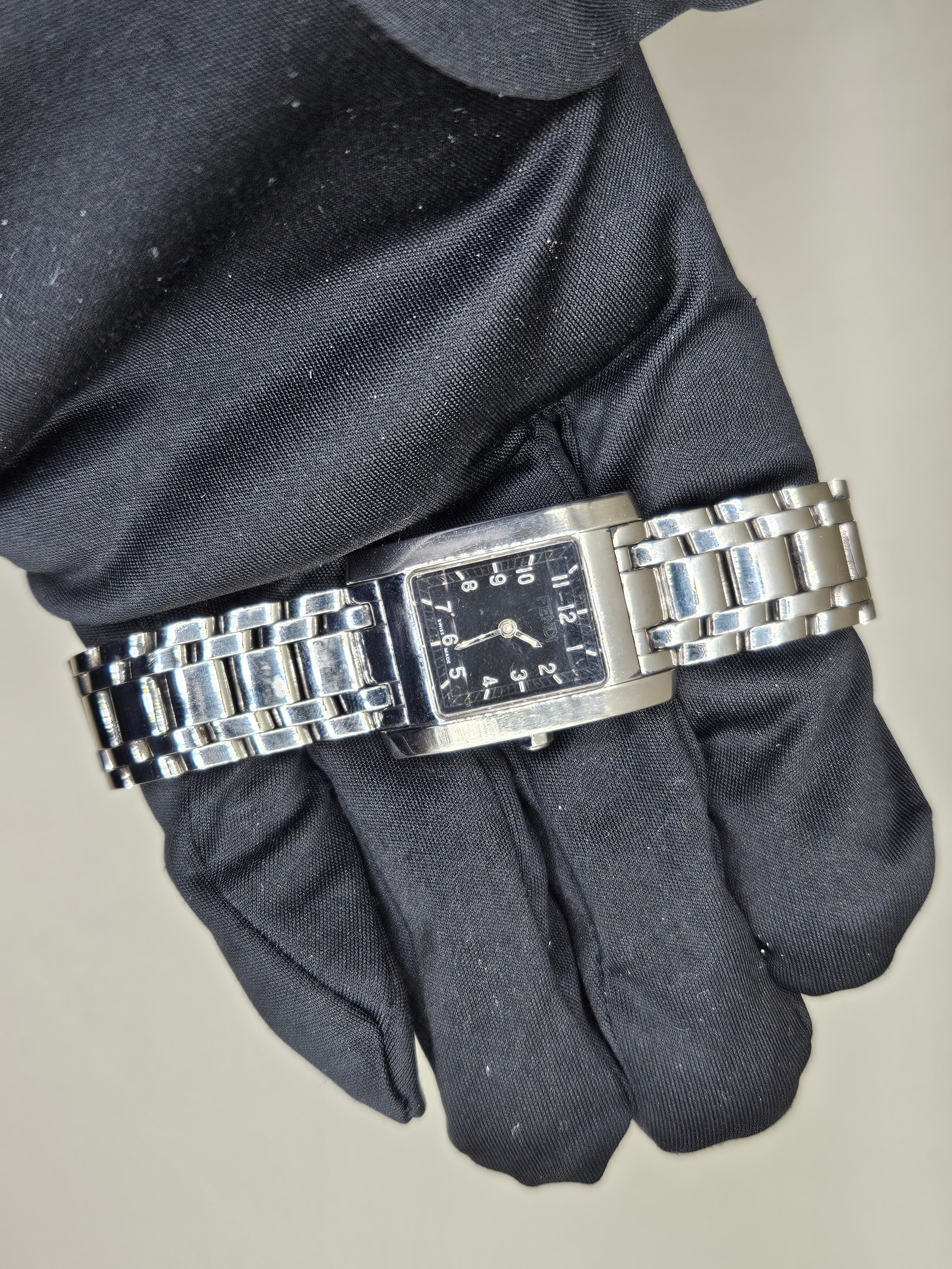 Vintage Fendi Women’s Stainless Steel Bracelet Watch – Black Dial Rectangular Dress Watch